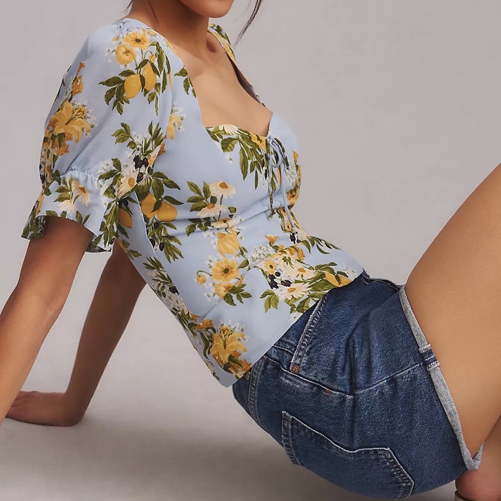 Reformation Blue Floral Sweetheart Top with Yellow Flowers - Picture 2 of 14